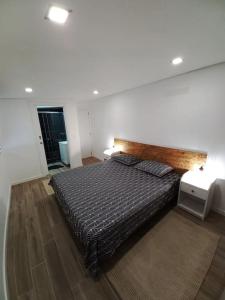 PainhoTerraços da Serra的一间卧室配有一张大床和木制床头板