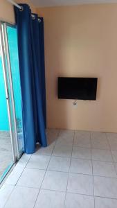 威廉斯塔德Dushi Curaçaose appartement的客厅配有蓝色窗帘和电视