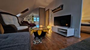 费马恩Surforama Studio Appartement mit Meerblick und Garten的客厅配有电视和茶几