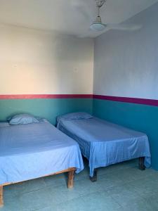 皮斯特Hostal y Temazcal Guemez的配有2张床的蓝色和白色墙壁客房