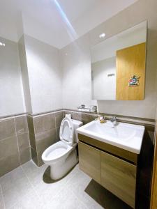 龙川市Lá Homestay Apartment的一间带卫生间、水槽和镜子的浴室