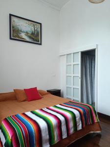 瓦尔帕莱索Hostal Tulio Porteño的一间卧室配有一张带彩色毯子的床