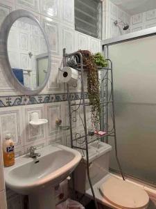 里奥班巴Villa Paquita - Arco de Bellavista的一间带水槽、卫生间和镜子的浴室