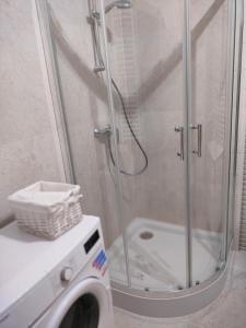热舒夫Apartament Karoliny 2 self check-in, parking的带淋浴的浴室内的洗衣机