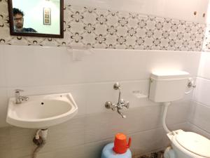 贝尔高姆HOTEL SUNANDA LODGE的一间带水槽、卫生间和镜子的浴室