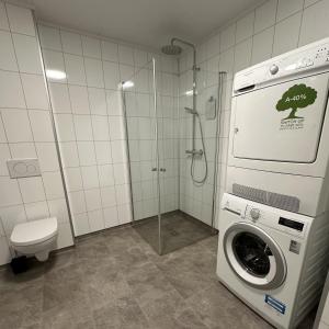 莱克内斯Lofoten Overnatting - Leknes的一间带洗衣机和卫生间的浴室