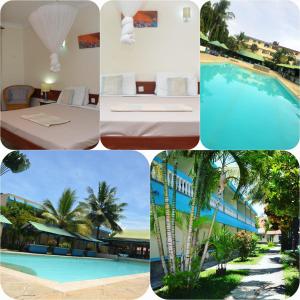 乌昆达ASINS HOLIDAY INN HOTEL的酒店和游泳池的照片拼合在一起