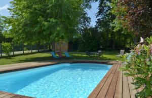 Vendeuvre-sur-BarseLa maison vautier的一个带木甲板和庭院的游泳池