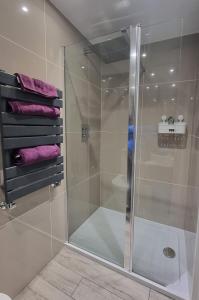 伍拉科姆Studio 5的浴室内带紫色毛巾的玻璃淋浴间