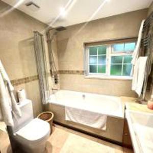 亨顿Inviting 4-Bed House in Finchley London的带浴缸、卫生间和窗户的浴室