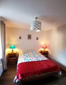 米特拉克Appartement de 2 chambres avec terrasse amenagee et wifi a Mittlach的一间卧室配有一张带红毯的床和两盏灯。