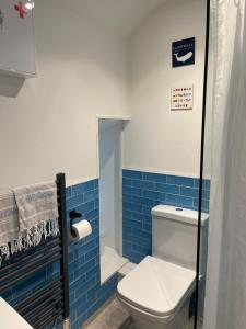 圣贾斯特Cobble Cottage的浴室设有卫生间和蓝色瓷砖。