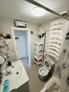 桑帕克Peaceful Flat Menorca Sea And Wifi的浴室配有盥洗盆、卫生间和毛巾。