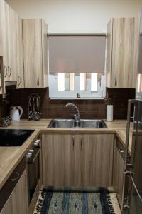 雅典Comfort on a small scale!的一个带木制橱柜和水槽的厨房