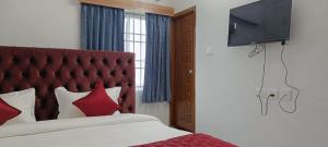 蓬蒂切里NMS GRAND VIEW TOWER的一间卧室配有一张带红色枕头的床和一台平面电视。