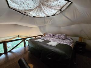 Manzanar智利漩涡生态山林小屋的帐篷内一间卧室,配有一张床