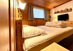 索姆勒兹South Soul Cottage的一间卧室配有两张床,并在房间内配有电视