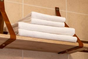 滨海利翁海狮酒店的浴室木架上的毛巾堆