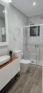 坎普马约尔Casa do Pote的带淋浴、卫生间和盥洗盆的浴室