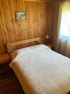 普孔Cabaña Ojo del Volcán的一间卧室配有一张带木墙和窗户的床。