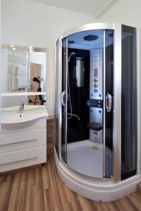 埃森佩杜尔公寓式酒店的带淋浴、水槽和镜子的浴室
