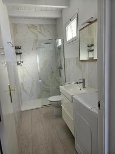 科蒂略Apartamentos Cotillo Family的带淋浴、卫生间和盥洗盆的浴室