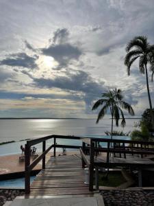 马瑙斯Tropical Executive Hotel的棕榈树海滩旁的木码头