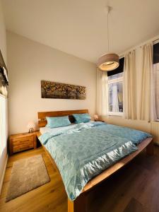 什未林Attraktive Wohnung im grünen Hinterhof的一间卧室配有一张带蓝色棉被的大床