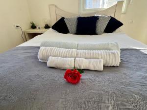 内坦亚Beachfront Studio, fully equipped的一张带两条毛巾的床,上面有玫瑰