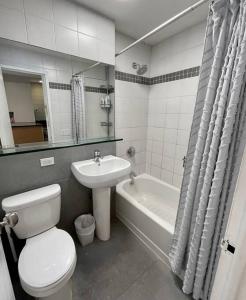 纽约Private Penthouse w Roof Oasis的浴室配有卫生间、盥洗盆和浴缸。