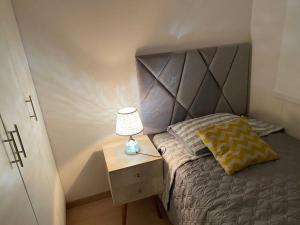 利马Apartamento en Barranco的一间卧室,配有一张床和床头灯