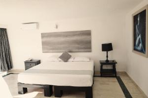 库埃纳瓦卡Hotel Grand Vista Cuernavaca的卧室配有一张床,墙上挂有绘画作品
