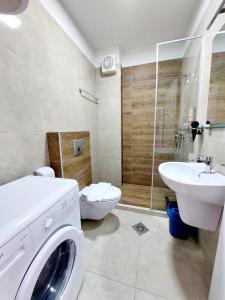 地拉那Signature Idea hotel的一间带洗衣机和水槽的浴室