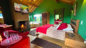 蒙特韦尔迪Chalés Mirante das Pedras的绿色卧室设有1张床和1个壁炉