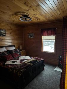 Long LakeThe Lazy Bear Cabin的小木屋内一间卧室,配有一张床