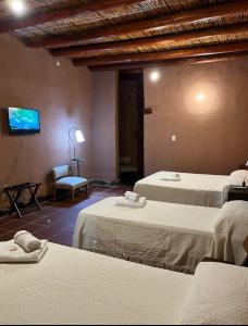 蒂诺加斯塔Hotel de campo luna的客房设有两张床和一台墙上的电视