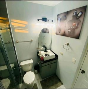 松索纳特Marhabibi's home的浴室配有卫生间、盥洗盆和淋浴。