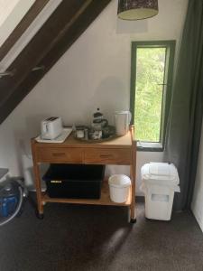 但尼丁Arden Country House - The Chalet Bed and Breakfast的客房设有带微波炉的桌子和卫生间。