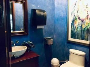 科利马Hotel Art Gallery Casona de los Milagros的蓝色的浴室设有水槽和卫生间