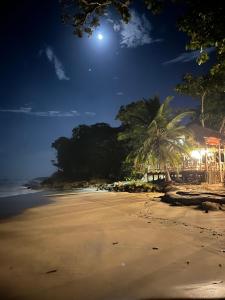喀巴里特Beach Cabarete Lodge Eco De Luxe Surf, Kite, Yoga的夜晚的海滩,天空中月亮