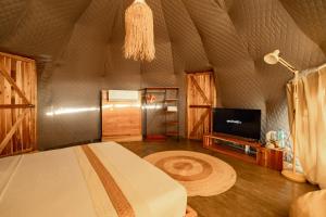 爱妮岛Domes and Dreams Lio Glamping的一间卧室配有一张床、一台电视和吊灯。