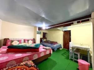 乔斯希马特YATRA HOMESTAY Joshimath的一间设有两张床的客房,位于绿色的地板上
