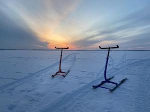 RannakülaHide in the nature – cozy lakeside saunacottage的雪中两只滑雪板,太阳在背后