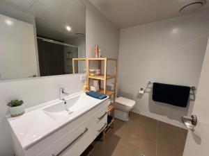 堪培拉Envy 11 Luxe 1BR Apt Braddon WiFi Netflix Wine Secure Parking Canberra的一间带水槽、卫生间和镜子的浴室