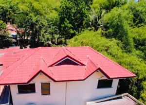 宿务Spacious House in Talamban, Cebu City的白色房子的红色屋顶,有树木