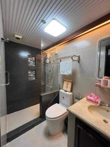 马尼拉Millennium Plaza Hotel的浴室配有卫生间、淋浴和盥洗盆。