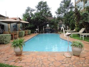 卡拉图MACHAGE TOURS AND SAFARIS HOTEL的庭院中带喷泉和天鹅的游泳池