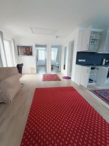 汉堡Peaceful Apartment- 3 Zi- Loggia & Garden in Blankenese-的一间铺有红色地毯的客厅