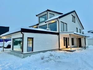 希尔科内斯Arctic Sea Breeze的冬天的房子,地面上积雪