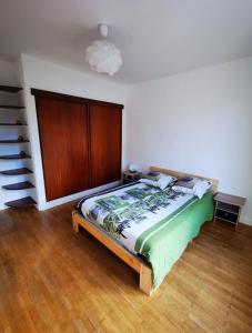 安锡Beau T1 Spacieux, Proche Centre et lac的一间卧室配有一张带木制床头板的床